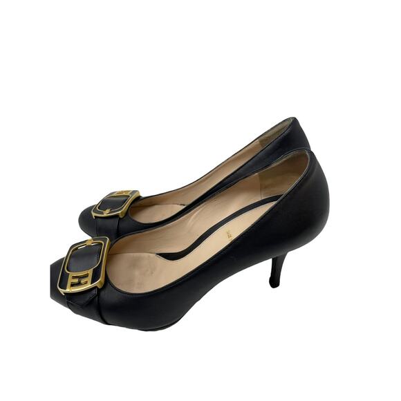 Fendi Womens Size 36.5 FF Buckle Pumps Heel Black Gold Leather Round Toe Slip On - Picture 3 of 12
